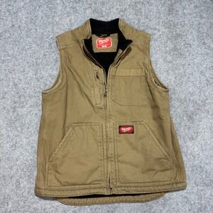Milwaukee Tool Mens Brown Canvas Sherpa Lined Work Vest Full‎ Zip Utility Large